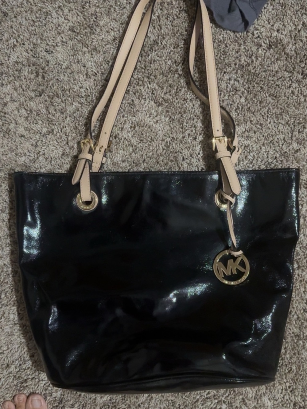 Michael Kors Black Patent Tote with Beige Straps and Gold MK Charm
